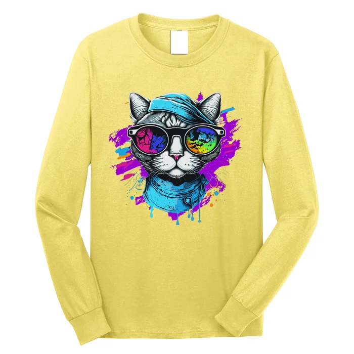 Cool Hipster Hip Cat With Shades Scarf And Hat Long Sleeve Shirt