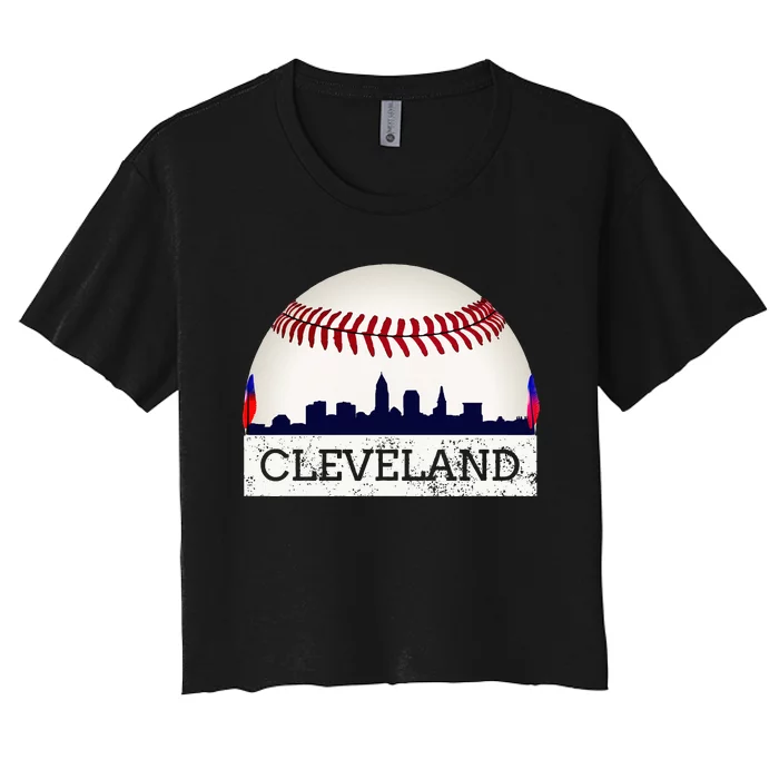 Cleveland Hometown Indian Tribe Skyline Ball Design Long Sleeve Women's Crop Top Tee