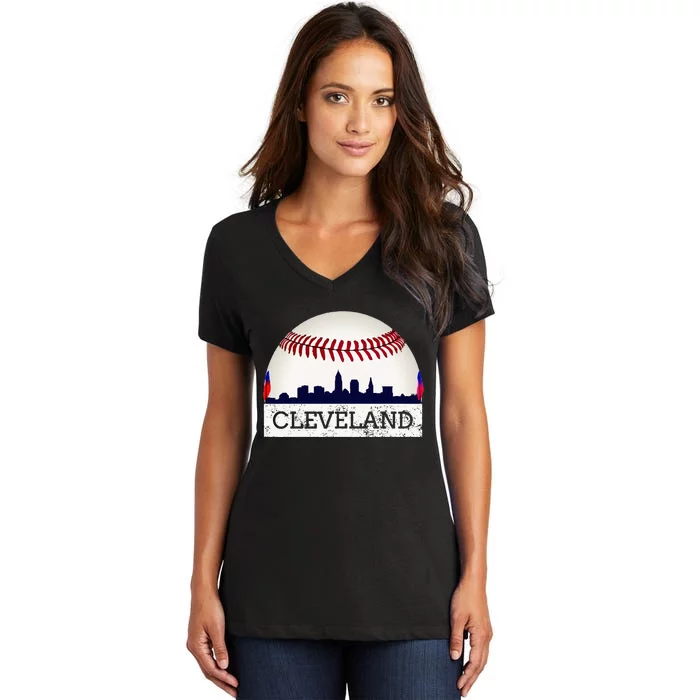 Cleveland Hometown Indian Tribe Skyline Ball Design Women's V-Neck T-Shirt