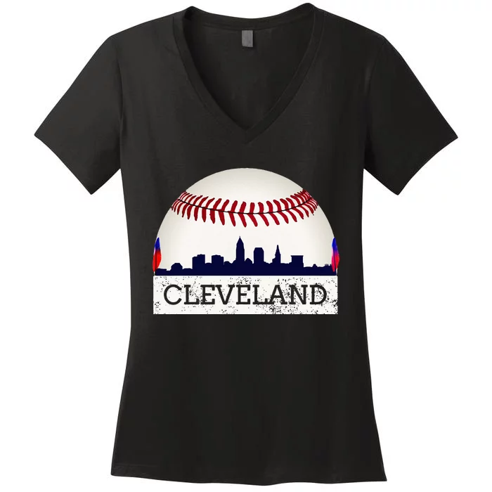 Cleveland Hometown Indian Tribe Skyline Ball Design Women's V-Neck T-Shirt