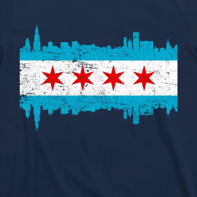 Chicago Flag - Distressed - Chicago Skyline - T-Shirt