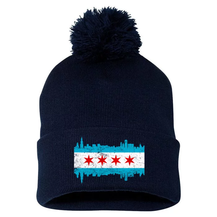 Chicago City Skyline Flag Vintage Pom Pom 12in Knit Beanie