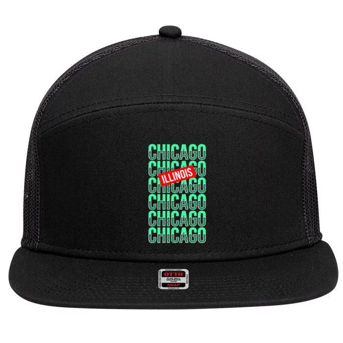 Chicago Illinois Typography 7 Panel Mesh Trucker Snapback Hat