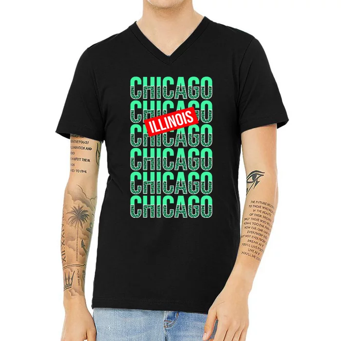 Chicago Illinois Typography V-Neck T-Shirt