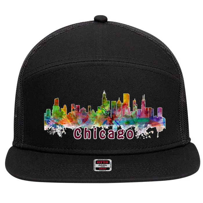 Chicago Skyline Paint Splatter 7 Panel Mesh Trucker Snapback Hat