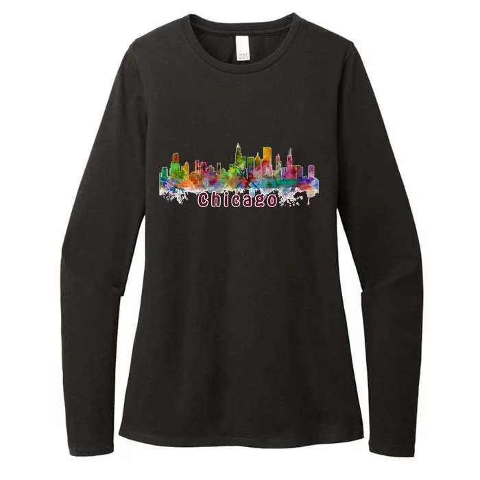 Chicago Skyline Paint Splatter Womens CVC Long Sleeve Shirt