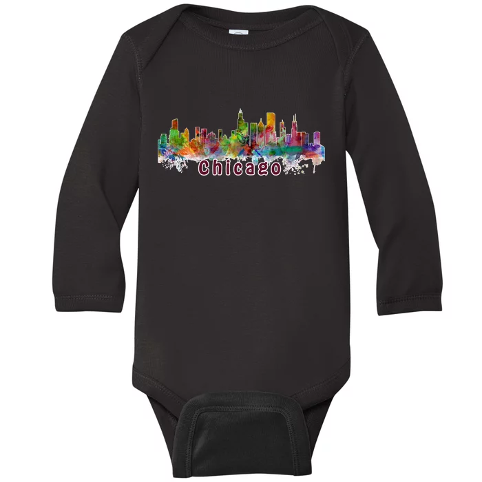 Chicago Skyline Paint Splatter Baby Long Sleeve Bodysuit