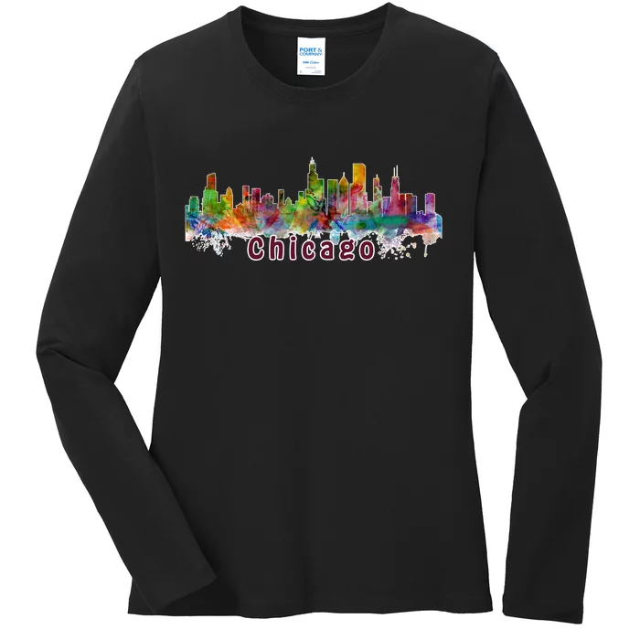 Chicago Skyline Paint Splatter Ladies Long Sleeve Shirt