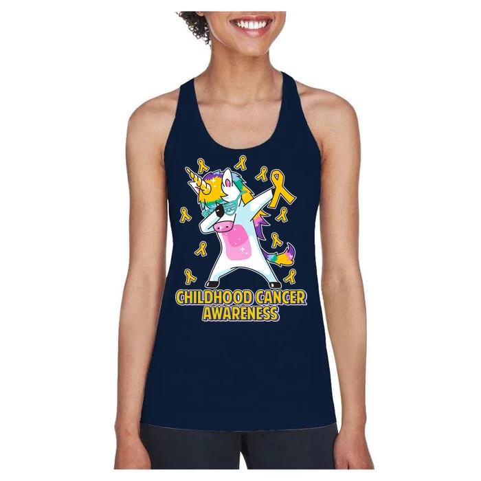 Childhood Cancer Awareness Dabbing Unicorn Women's Racerback Tank