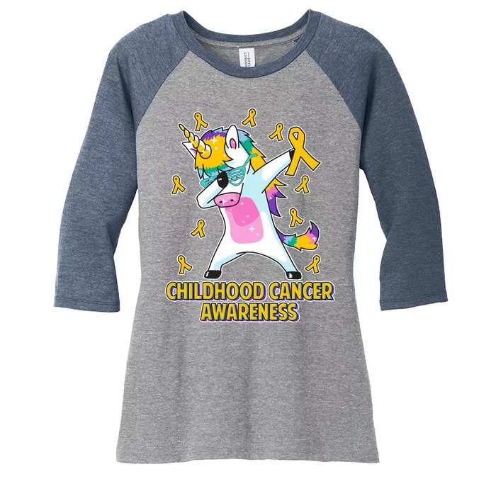 Childhood Cancer Awareness Dabbing Unicorn Women's Tri-Blend 3/4-Sleeve Raglan Shirt