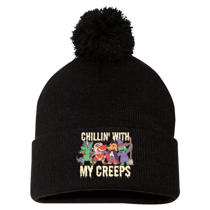 Chillin With My Creeps Halloween Animals Pom Pom 12in Knit Beanie