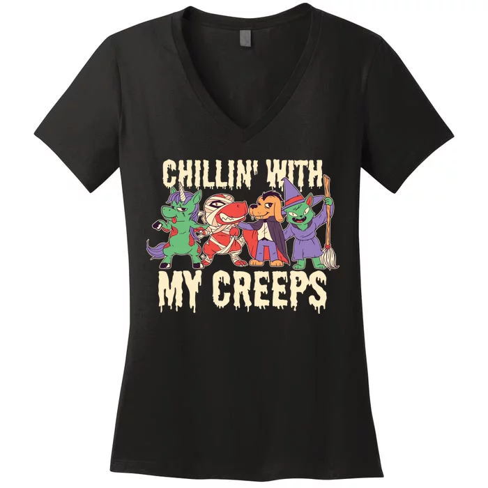 Chillin With My Creeps Halloween Animals Women's V-Neck T-Shirt