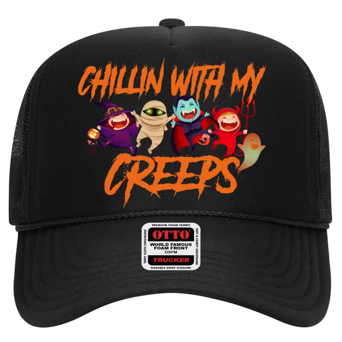 Chillin With My Creeps Spooky Monsters High Crown Mesh Trucker Hat