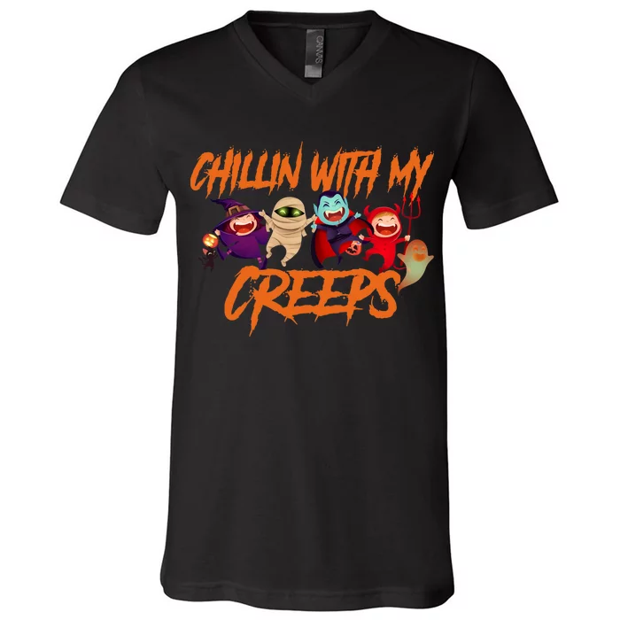 Chillin With My Creeps Spooky Monsters V-Neck T-Shirt