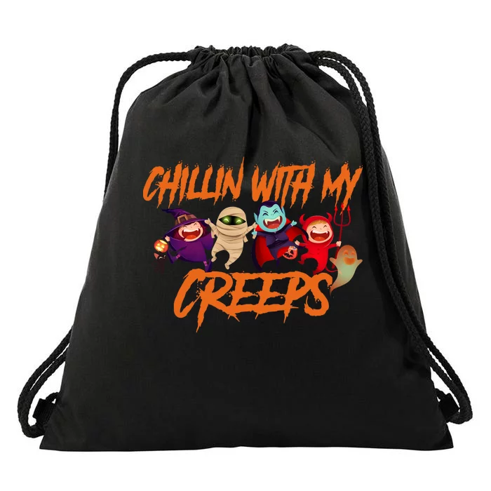 Chillin With My Creeps Spooky Monsters Drawstring Bag