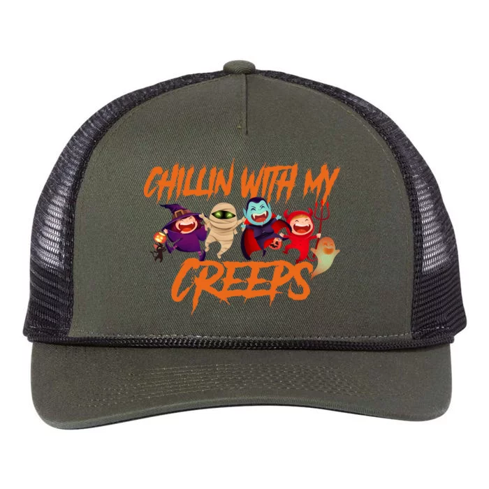 Chillin With My Creeps Spooky Monsters Retro Rope Trucker Hat Cap