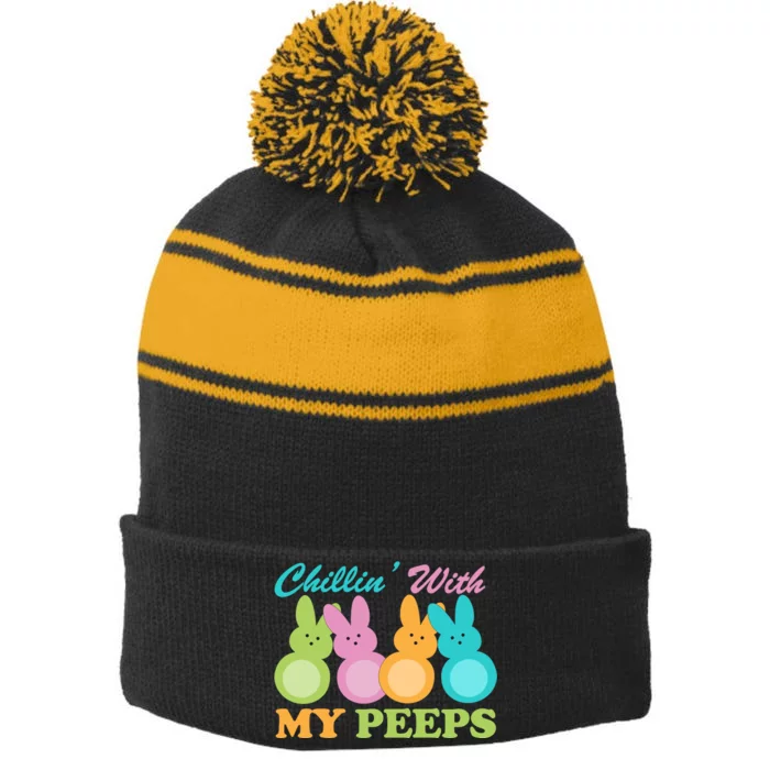 Chillin With My Peeps Easter Rabbits Stripe Pom Pom Beanie