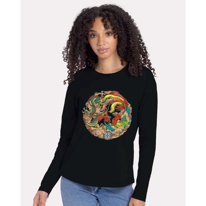 Chinese Dragon and Phoenix Yin Yang Womens Cotton Relaxed Long Sleeve T-Shirt