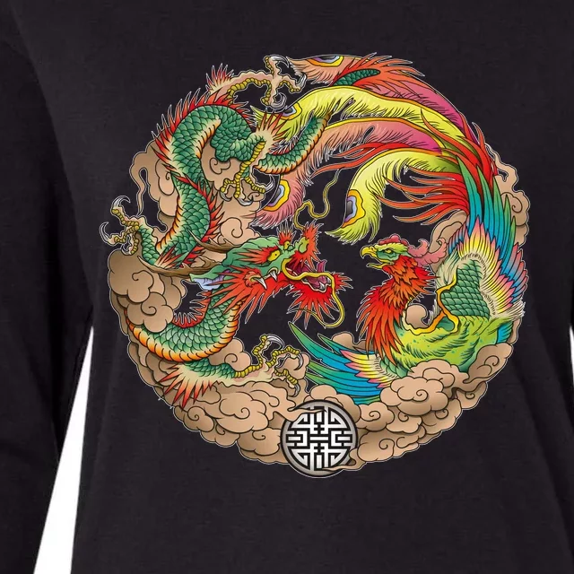 Chinese Dragon and Phoenix Yin Yang Womens Cotton Relaxed Long Sleeve T-Shirt