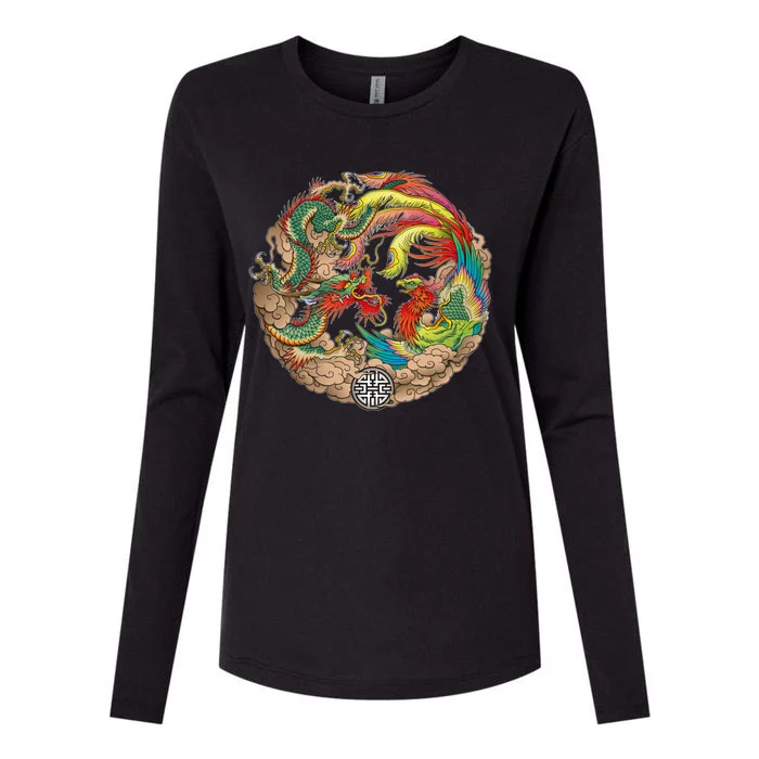 Chinese Dragon and Phoenix Yin Yang Womens Cotton Relaxed Long Sleeve T-Shirt