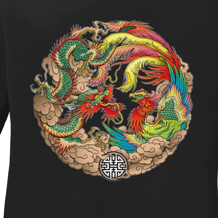 Chinese Dragon and Phoenix Yin Yang Ladies Long Sleeve Shirt