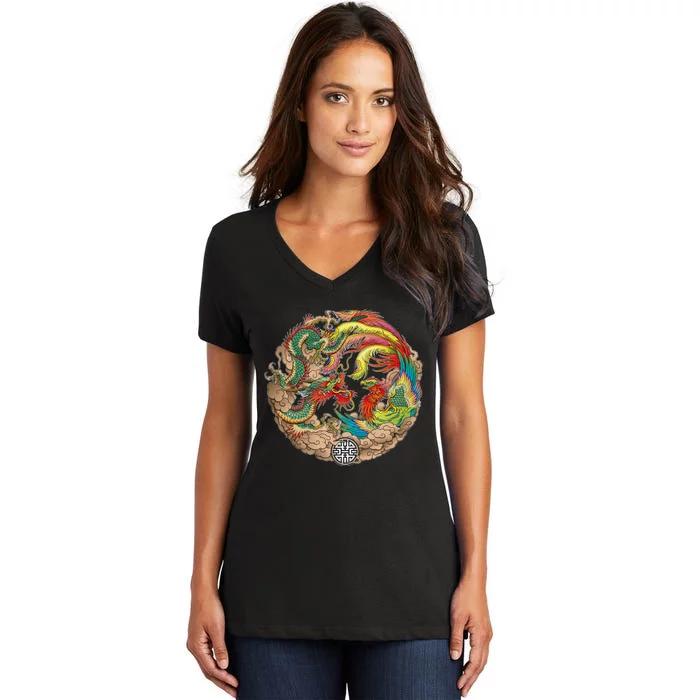 Chinese Dragon and Phoenix Yin Yang Women's V-Neck T-Shirt