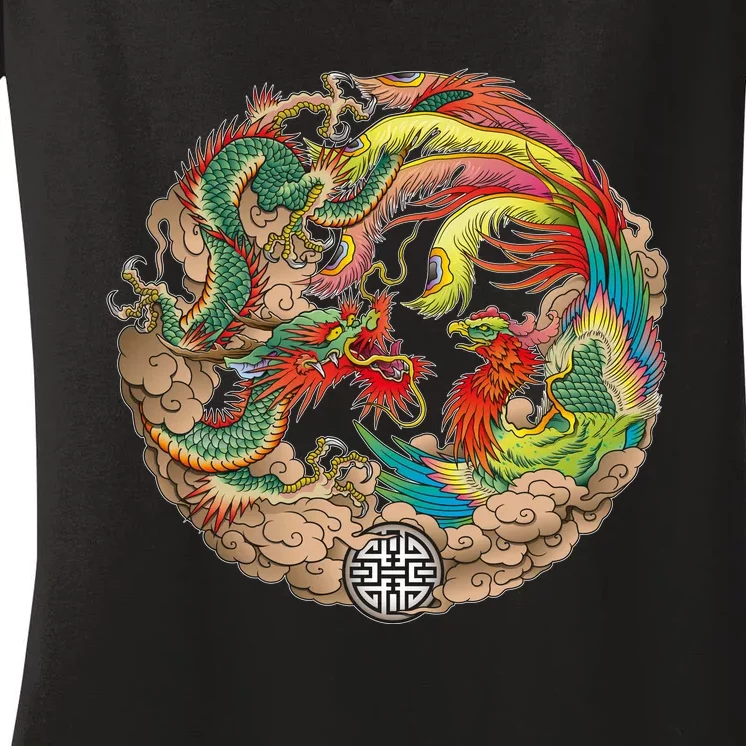 Chinese Dragon and Phoenix Yin Yang Women's V-Neck T-Shirt