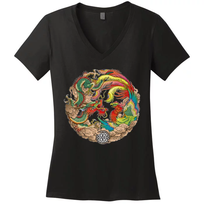 Chinese Dragon and Phoenix Yin Yang Women's V-Neck T-Shirt