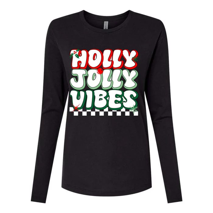 Cute Holly Jolly Vibes Christmas Checkerboard Womens Cotton Relaxed Long Sleeve T-Shirt