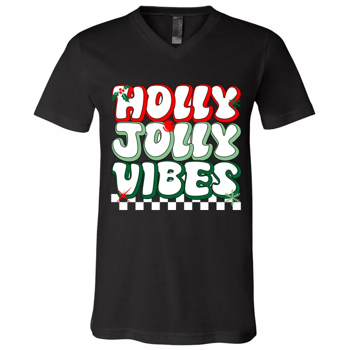 Cute Holly Jolly Vibes Christmas Checkerboard V-Neck T-Shirt