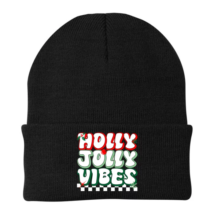 Cute Holly Jolly Vibes Christmas Checkerboard Knit Cap Winter Beanie