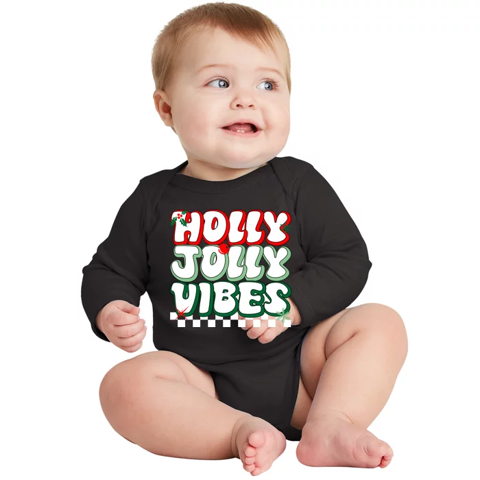 Cute Holly Jolly Vibes Christmas Checkerboard Baby Long Sleeve Bodysuit