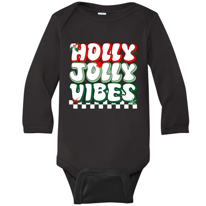 Cute Holly Jolly Vibes Christmas Checkerboard Baby Long Sleeve Bodysuit