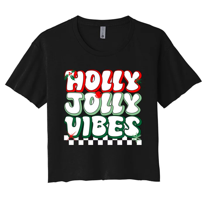 Cute Holly Jolly Vibes Christmas Checkerboard Women's Crop Top Tee