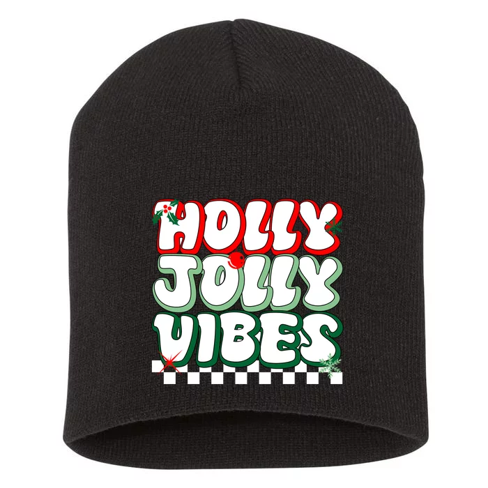 Cute Holly Jolly Vibes Christmas Checkerboard Short Acrylic Beanie