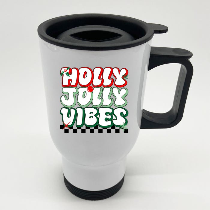 Cute Holly Jolly Vibes Christmas Checkerboard Front & Back Stainless Steel Travel Mug