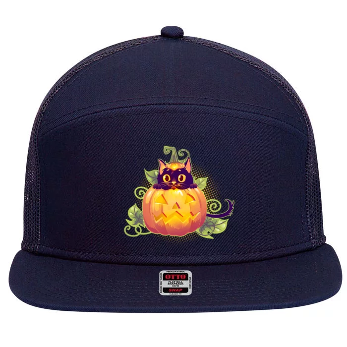 Cute Halloween Jackolantern PumpkinBlack Cat 7 Panel Mesh Trucker Snapback Hat