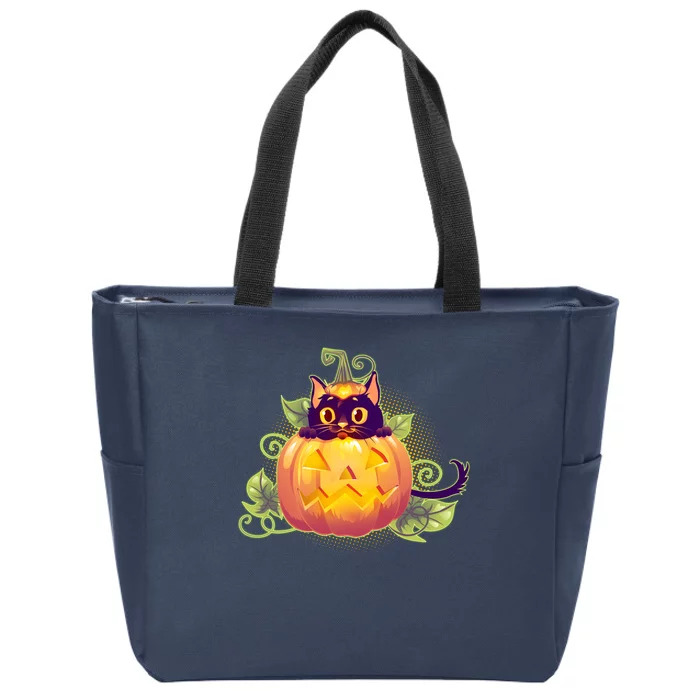 Cute Halloween Jackolantern PumpkinBlack Cat Zip Tote Bag