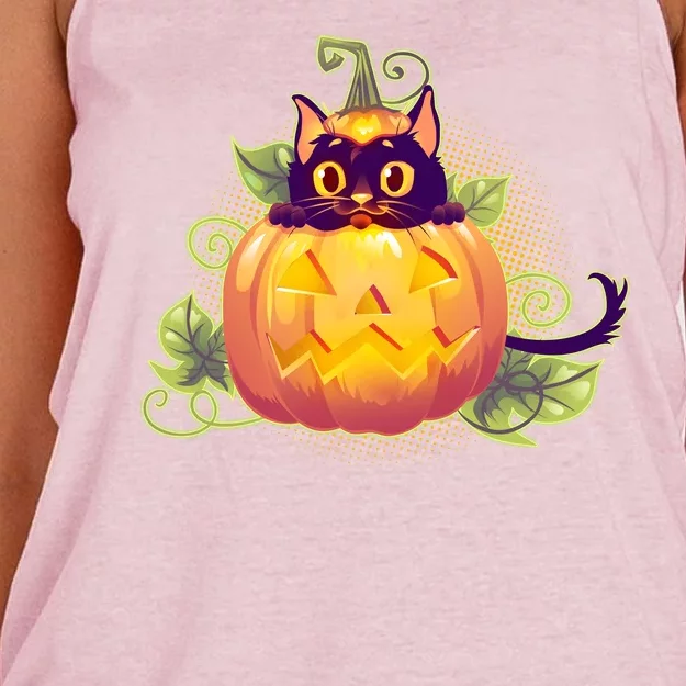 Cute Halloween Jackolantern PumpkinBlack Cat Women's Knotted Racerback Tank