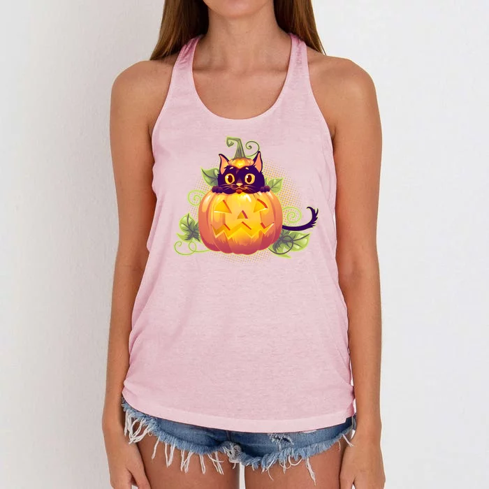 Cute Halloween Jackolantern PumpkinBlack Cat Women's Knotted Racerback Tank