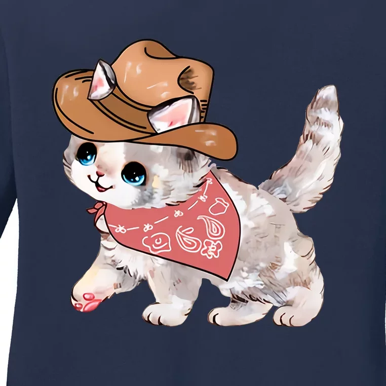 Cowboy Howdy Kitty Cute Cat Lover Western Trending Gift Idea Ladies Long Sleeve Shirt