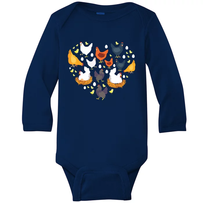 Chickens Heart Love Chicken Lady Women Men Kids Farmer Gift Baby Long Sleeve Bodysuit