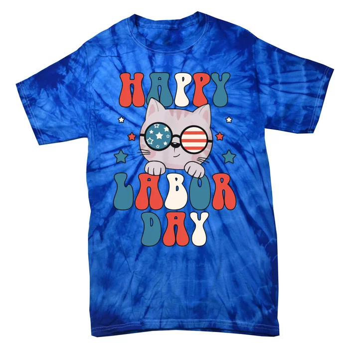 Cat Happy Labor Day American Flag Funny Cat Labour Day Gift Tie-Dye T-Shirt