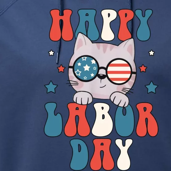 Cat Happy Labor Day American Flag Funny Cat Labour Day Gift Performance Fleece Hoodie