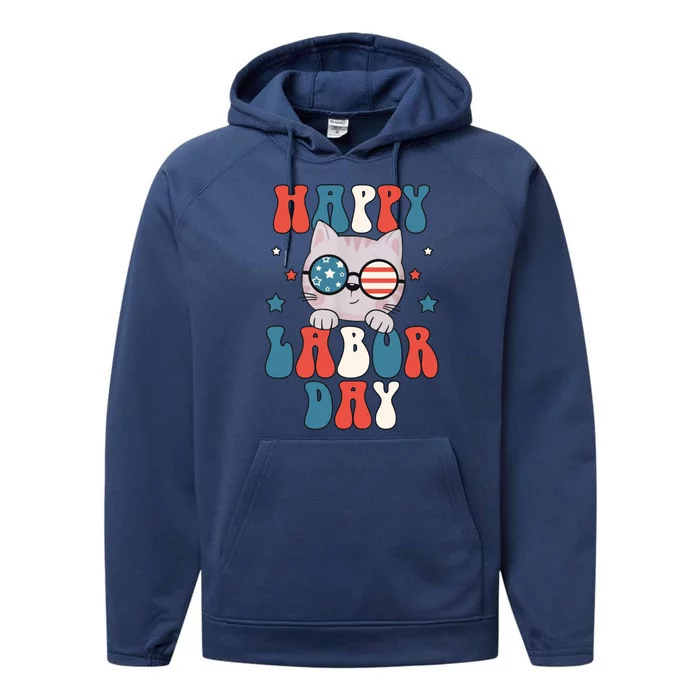 Cat Happy Labor Day American Flag Funny Cat Labour Day Gift Performance Fleece Hoodie