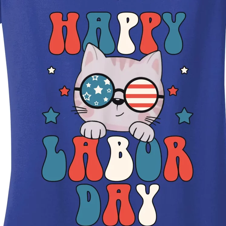 Cat Happy Labor Day American Flag Funny Cat Labour Day Gift Women's V-Neck T-Shirt