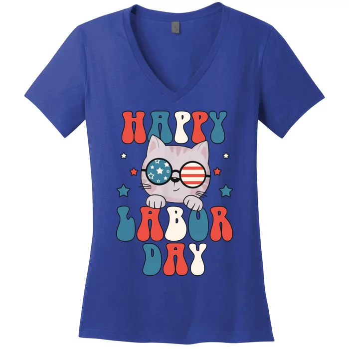 Cat Happy Labor Day American Flag Funny Cat Labour Day Gift Women's V-Neck T-Shirt