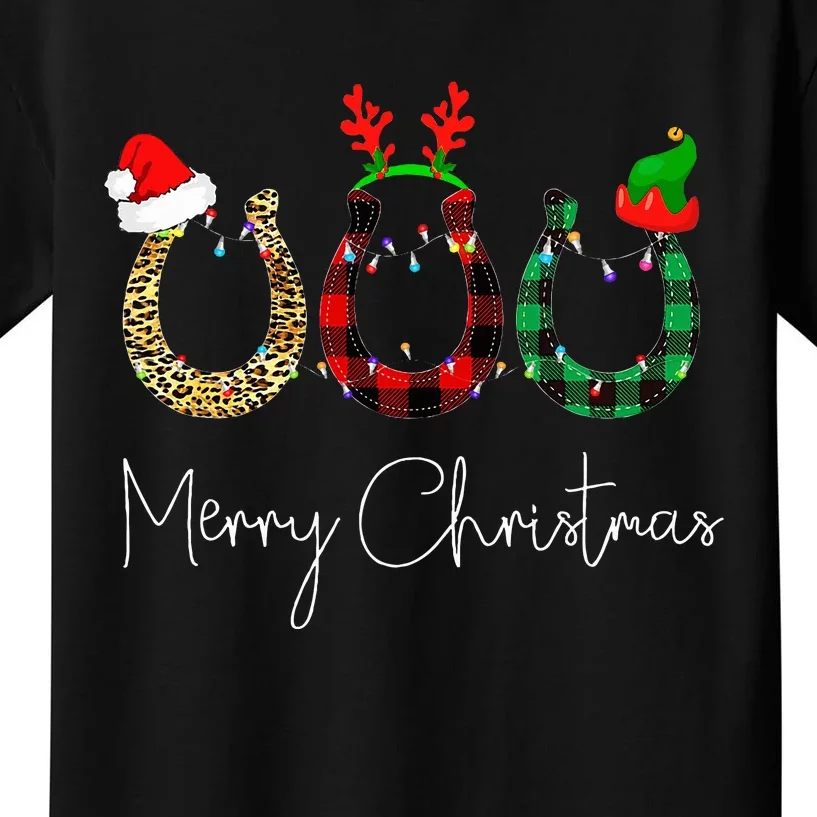 Christmas Horseshoe Leopard Plaid Santa Hat Horse Xmas Kids T-Shirt