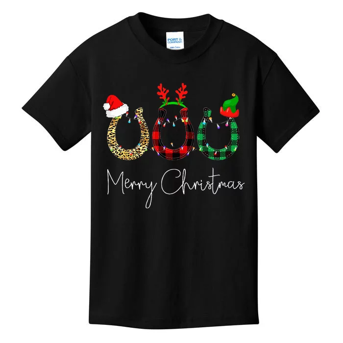 Christmas Horseshoe Leopard Plaid Santa Hat Horse Xmas Kids T-Shirt