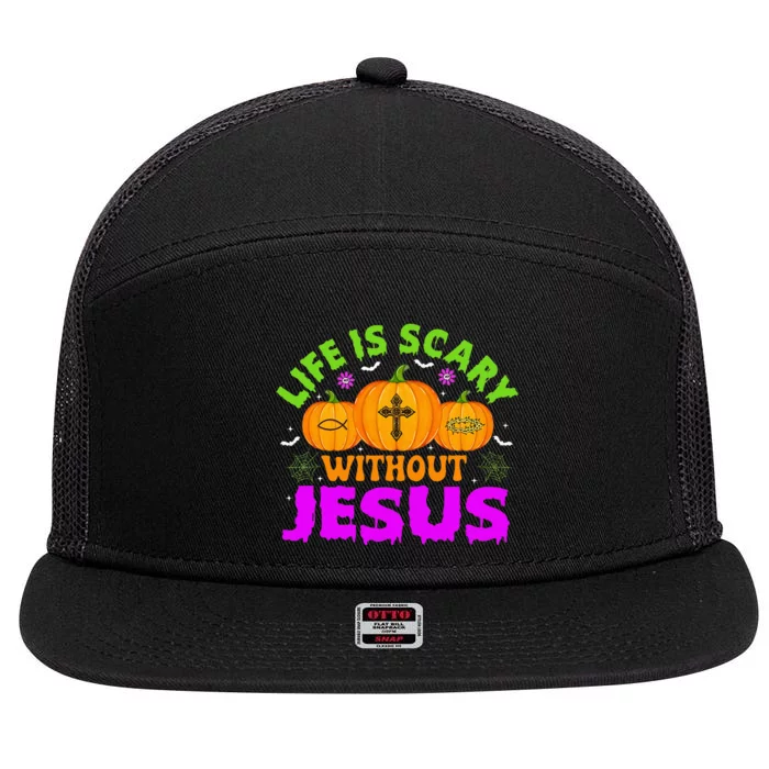 Christian Halloween Life Is Scary Without Jesus Fall Autumn 7 Panel Mesh Trucker Snapback Hat